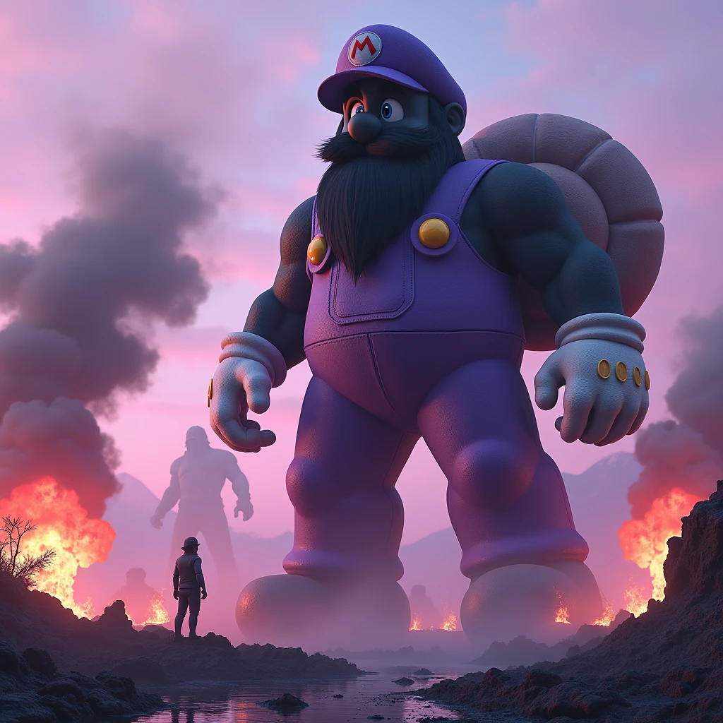 high quality,4K,HD,explode,Fires Everywhere,Smoky,3d,3d rendering,pixar,Giant,In the distance there is a huge blackened Mario in the fog.,A huge blackened Mario wearing a purple hat and purple overalls,Purple clothes,Smile,White gloves,背着Snail壳,Black beard,end ,Pink-purple tones,Purple sky,,Snail,Dilapidated,Pink flame,Dark,ground,prospect,explode,In the distance,