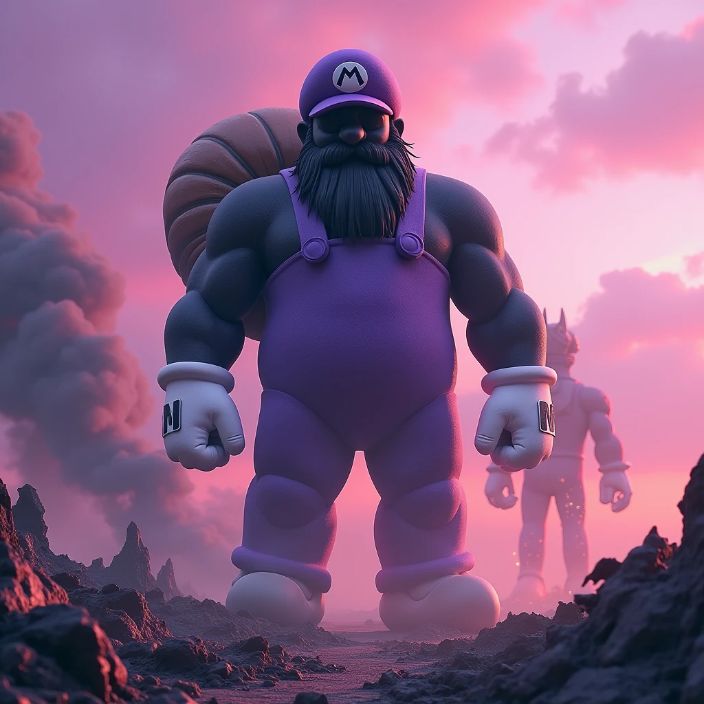 high quality,4K,HD,explode,Fires Everywhere,Smoky,3d,3d rendering,pixar,Giant,In the distance there is a huge blackened Mario in the fog.,A huge blackened Mario wearing a purple hat and purple overalls,Purple clothes,Smile,White gloves,背着Snail壳,Black beard,end ,Pink-purple tones,Purple sky,,Snail,Dilapidated,Pink flame,Dark,ground,prospect,explode,In the distance,