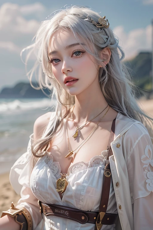 (masterpiece:1.3), (8k, Realistic, RAW Photos, Best image quality: 1.4), Fair-skinned fairy woman、Long Hair、Cleavage:2.0、Highly detailed face、Attention to detail、double eyelid、Chest to chest、Sharp focus:1.2、Beautiful woman:1.4、Silvery white hair、Highest quality、masterpiece、Ultra-high resolution、(Realistic:1.4)、Highly detailed and professionally lit smiles、Loose, Light, steampunk、Shoulder out、thin、Serious expression、Short-haired、FS, One person、whole body,Walking on the beach、Gorgeous Necklace、Full shot,
