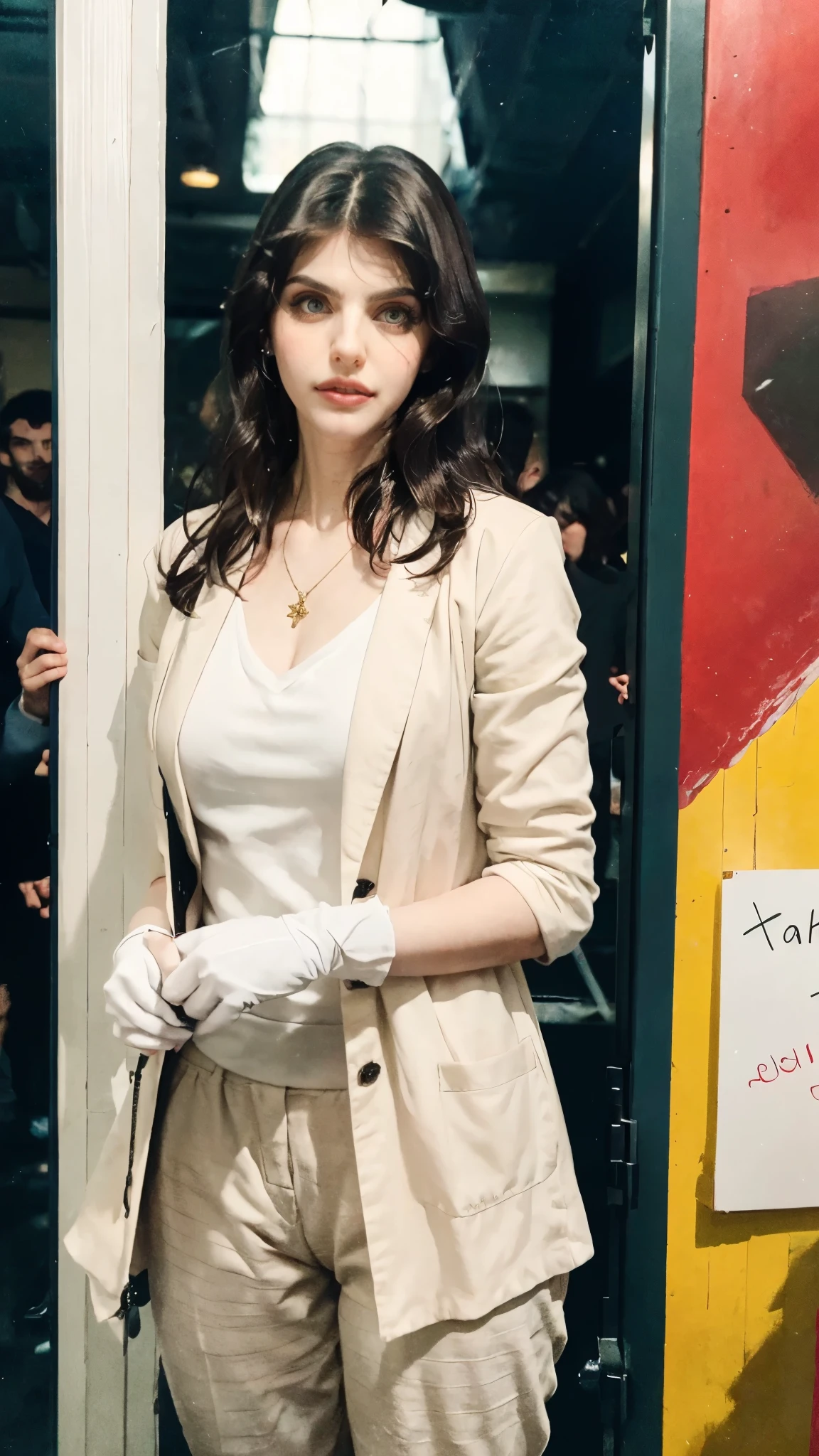 (masterpiece:1.2, best quality:1.2, extremely delicate:1.2), ((Alexandra Daddario:1.2)), a young women with auburn hair, a center-parted back hairstyle, narrow eyes, a cunning smile, a two-piece fantasy-reality style outfit, a white undershirt, a dark formal-style coat, wearing gloves, matching trousers with the outfit, has metallic-adorned knee-high boots, this character embodies a finely crafted fantasy-realistic fighter, exquisite photography, Photo realism, photorealistic, goddess, pale skin, perfect skin, textured skin, detailed skin, porcelain skin, dramatic, high definition, highres, ultra-detailed, ultra-fine painting, professional, perfect body proportions, golden ratio, anatomically correct, symmetrical face, perfect eyes, extremely detailed eyes and face, high quality eyes, creativity, RAW photo, UHD, 32k, Natural light, cinematic lighting, (masterpiece-anatomy-perfect:1.2)