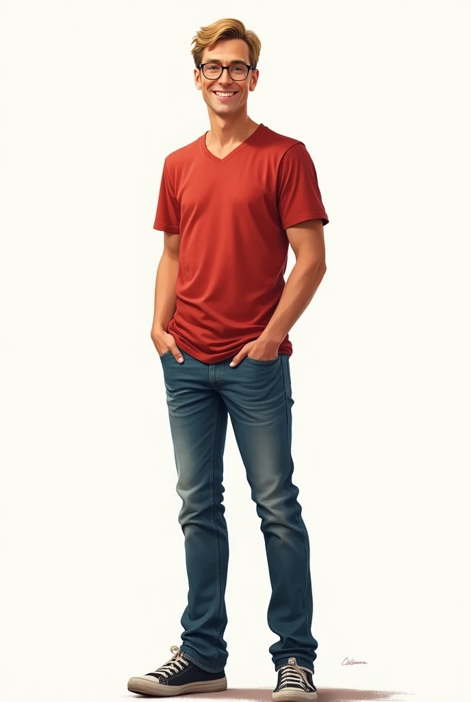 a drawing of a man, tall and slim, offwhite, very short hair, blonde in a darker tone, glad, with round glasses. hands in pockets, wearing jeans and a red T-shirt. 