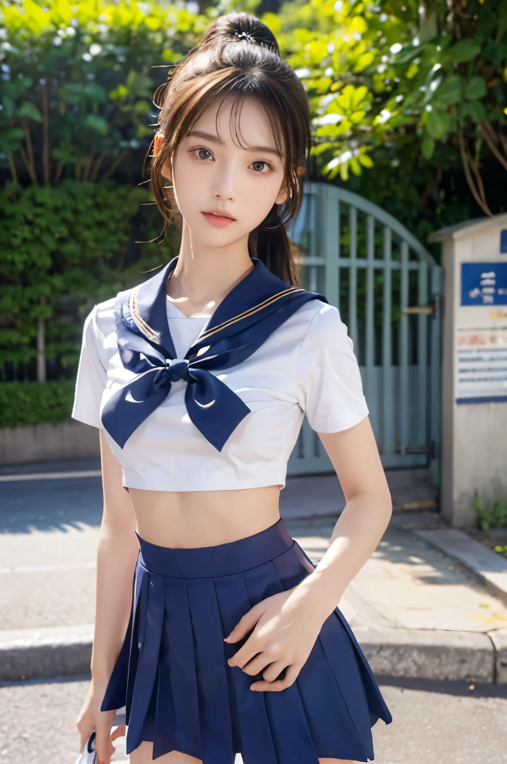 (Ultra HD), (Looking at me), (The whole body is shown), (Short-sleeved sailor uniform, Navy blue low-rise mini skirt), (Big Breasts:1.2), Super beautiful breasts, slender, Narrow waist, (Thin legs:1.2), (Thin thighs:1.2), (Thin Hips:1.4), (Beautiful Skin, Shiny skin, White skin), (Super slim face, Super beautiful face, No makeup, Smile:0.6), (ponytail, Layered Cut, Fluffy hair), (double eyelid, Slanted Eyes), (Small Nose), (Thin lips), Are standing, In front of the school gate