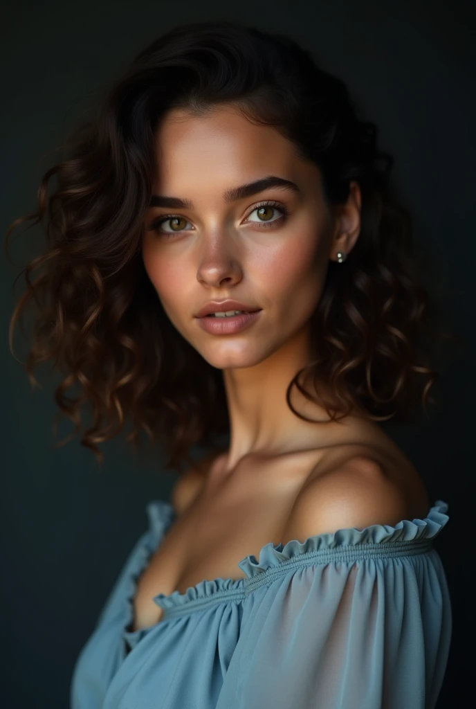 Image of a real life woman with light brown skin, age 18, curly hair, wearing a light blue dress, full body, with a marquee forehead in the dark