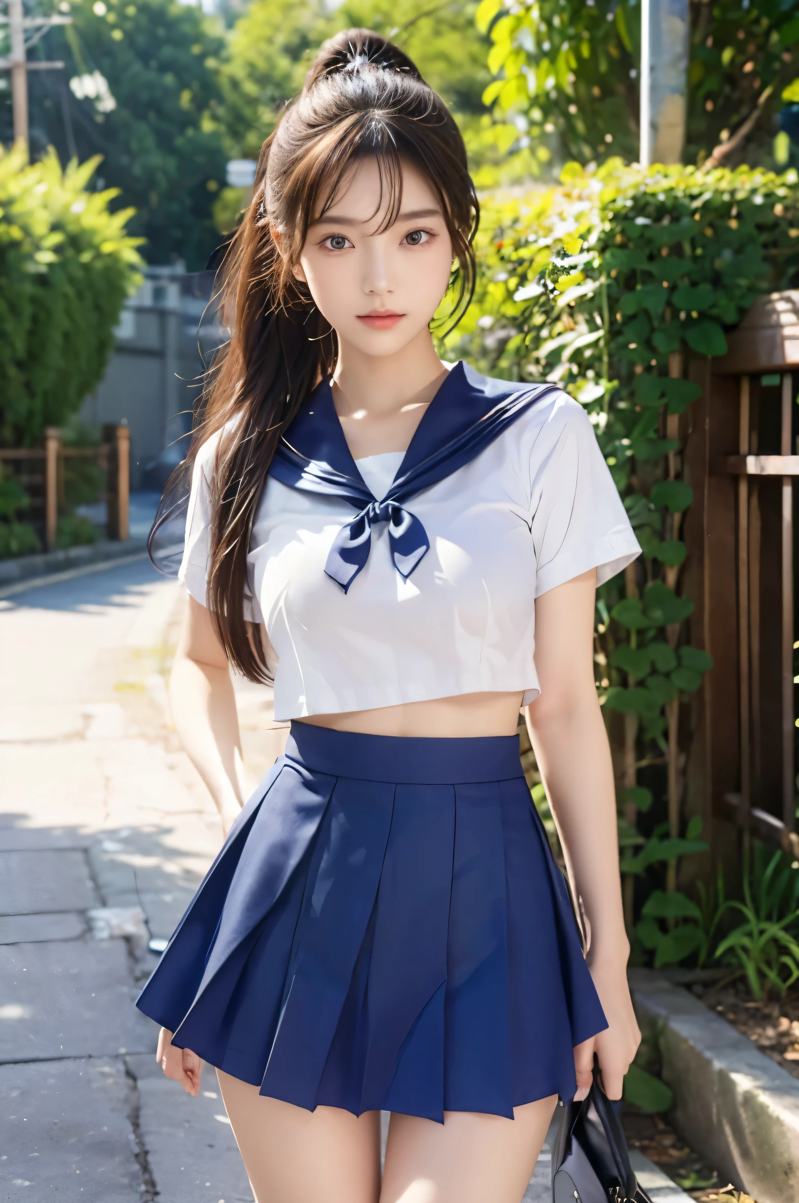 (Ultra HD), (Looking at me), (The whole body is shown), (Short-sleeved sailor uniform, Navy blue low-rise mini skirt), (Big Breasts:1.2), Super beautiful breasts, slender, Narrow waist, (Thin legs:1.2), (Thin thighs:1.2), (Thin Hips:1.4), (Beautiful Skin, Shiny skin, White skin), (Super slim face, Super beautiful face, No makeup, Smile:0.6), (ponytail, Layered Cut, Fluffy hair), (double eyelid, Slanted Eyes), (Small Nose), (Thin lips), Are standing, In front of the school gate