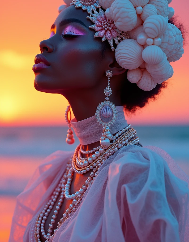 Precisionist digitally crafted art of an neon-hued lip, Dolly kei and love-inspired nuances fused,jewellery , with heart-accentuated humor, fine balanced overlap pasted onto a contrasting orange hot pink backdrop, enlivened by retro filters manipulation, Framed from the bottom upwards by of abstract elements, break from tradition, color harmony, unique typography, romantic undertones, vintage ,Surreal photograph, woman , dark skin, beach setting, calm sea backdrop, avant-garde garments fusing sea shells and pearls features, iridescent textures, pastel shades pink, blue, white, shimmering effects, large rounded textures, intricate marine life details, beaded headpieces, ethereal, otherworldly aesthetic, dreamlike composition, fashion and fantasy elements blend, ultra realistic, vivid colors, dramatic lighting.
