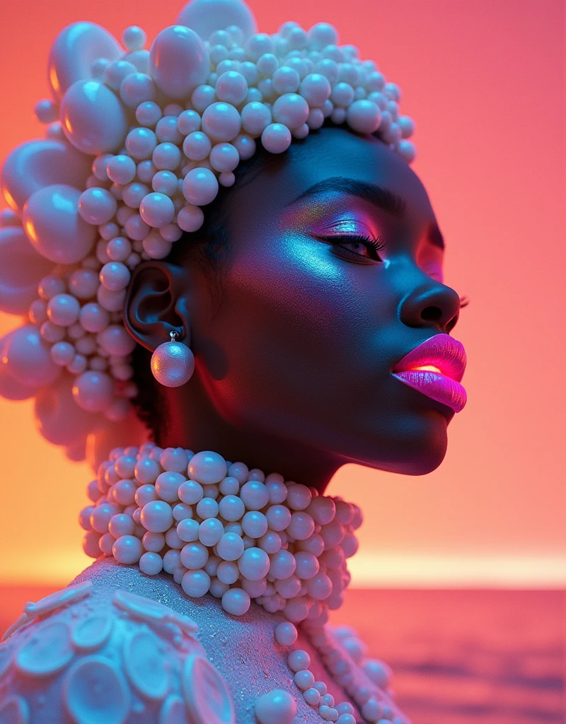 Precisionist digitally crafted art of an neon-hued lip, Dolly kei and love-inspired nuances fused,jewellery ,  with heart-accentuated humor, fine balanced overlap pasted onto a contrasting orange hot pink backdrop, enlivened by retro filters manipulation, Framed from the bottom upwards by of abstract elements, break from tradition, color harmony, unique typography, romantic undertones, vintage ,Surreal photograph, woman  , dark skin, beach setting, calm sea backdrop, avant-garde garments fusing sea shells and pearls features, iridescent textures, pastel shades pink, blue, white, shimmering effects, large rounded textures, intricate marine life details, beaded headpieces, ethereal, otherworldly aesthetic, dreamlike composition, fashion and fantasy elements blend, ultra realistic, vivid colors, dramatic lighting.