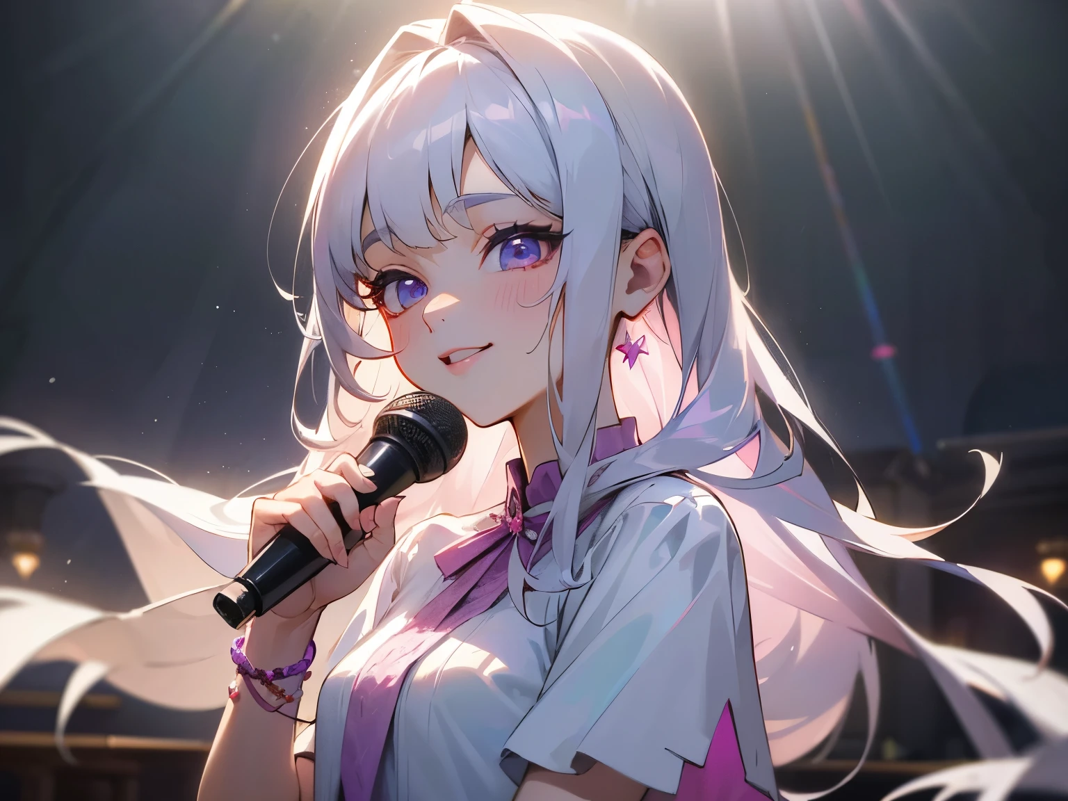 ((masterpiece)), Highest quality, (8k, Highest quality, masterpiece: 1.2), Very detailed, Inside the concert hall、1 female、platinum silver hair、Long Hair、Purple blouse shirt（Short sleeve）、bracelet、Pink Lips、Big eyes、Double eyelids、Beauty、Beautiful Eyes、singer、Mid-chest、stage、Spot Light、Gorgeous lighting、Singing earnestly、A pleading voice、Highest quality、最高masterpiece、Extremely detailed、Upper body composition、frontのアングル、singing、smile、cute、Eyes closed、front、Age 25