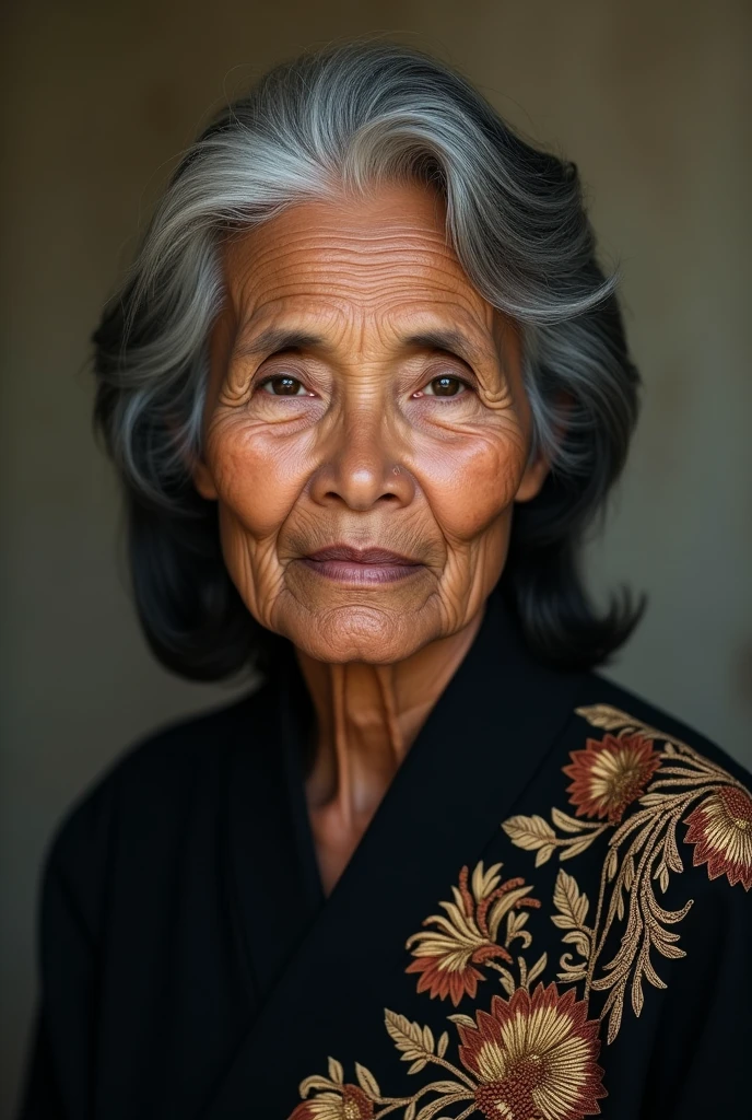 A beautiful old Indonesian woman wearing a black kebaya 
