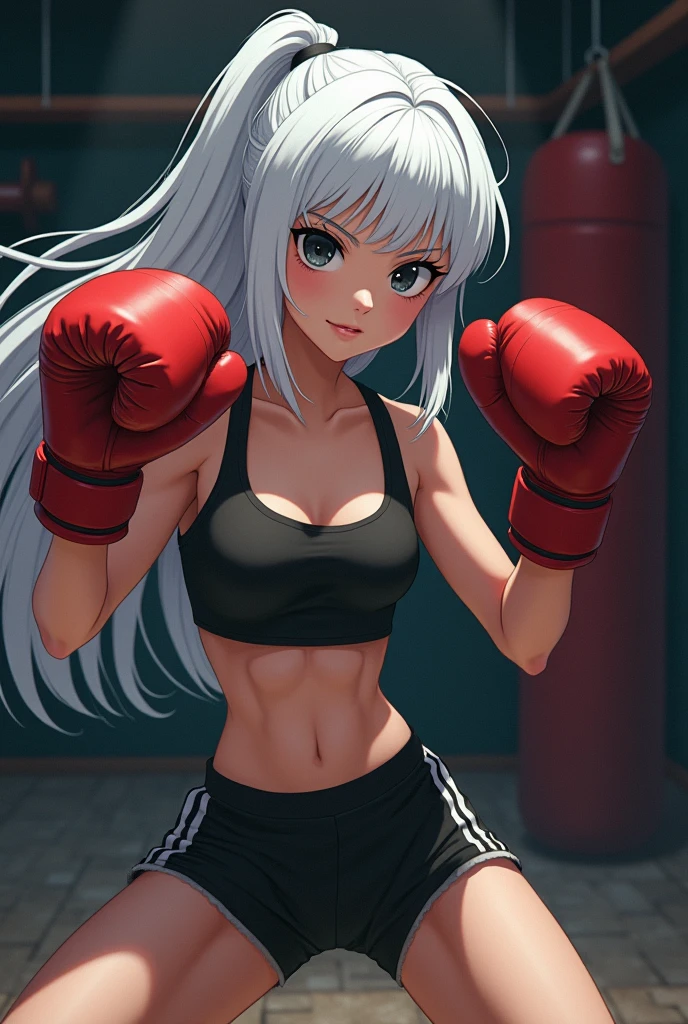 Anime girl with white hair and dark black eyes is practicing boxing.