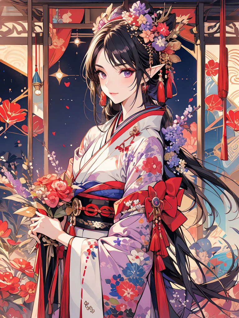 masterpiece, best quality, 1girl, ultra detailed, ultra highres, well-definded facial features, anatomically correct, cute girl, long pointy ears, elf, nice face,black hair, puple eyes, kimono, hakama, art deco, habinga big bouquet,