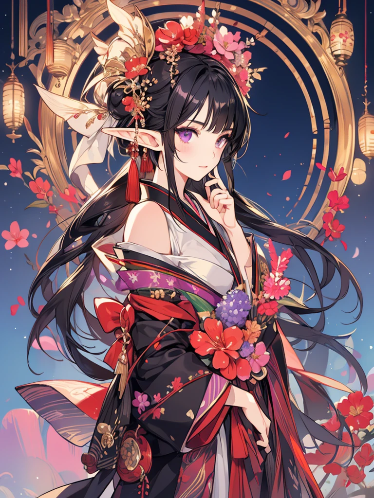 masterpiece, best quality, 1girl, ultra detailed, ultra highres, well-definded facial features, anatomically correct, cute girl, long pointy ears, elf, nice face,black hair, puple eyes, kimono, hakama, art deco, habinga big bouquet,