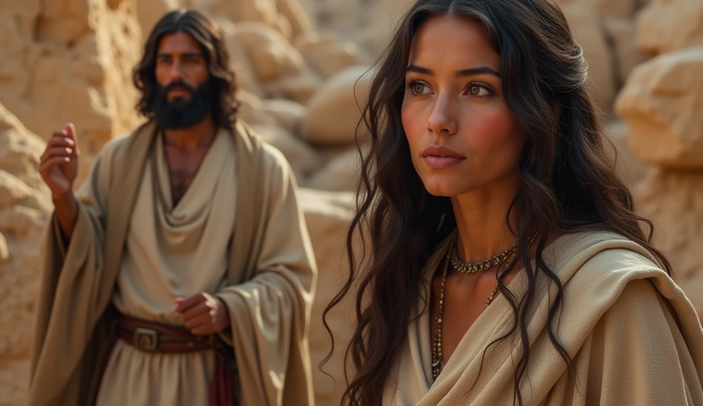 (best qualityer: 1.4), (ultra high resolution: 1.2), (photorrealistic: 1.4), (8k, CRU photo: 1.2).The description of the Samaritan woman's physical appearance is not detailed in the biblical account., But her Samaritan origins suggest that she would likely have had similar characteristics to other people in the region..., nya.. No historical-cultural context, The story of the Samaritan woman takes place during a period of ethnic and religious tensions between Samaritans and Jews. His encounter with Jesus at Jacob's well highlights the message of spiritual equality and the importance of faith over cultural differences....