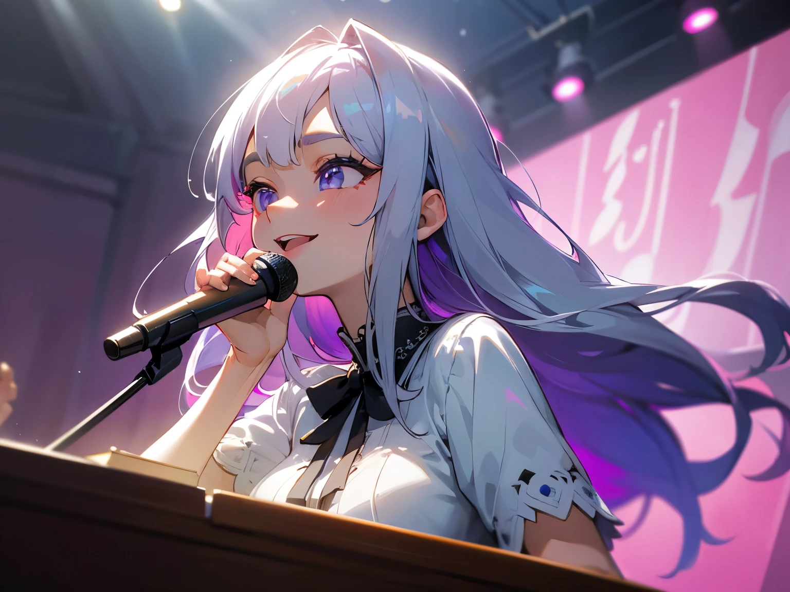 ((masterpiece)), Highest quality, (8k, Highest quality, masterpiece: 1.2), Very detailed, Inside the concert hall、1 female、platinum silver hair、Long Hair、Purple blouse shirt（Short sleeve）、bracelet、Pink Lips、Big eyes、Double eyelids、Beauty、Beautiful Eyes、singer、Mid-chest、stage、Spot Light、Gorgeous lighting、Singing earnestly、A pleading voice、Highest quality、最高masterpiece、Extremely detailed、Upper body composition、frontのアングル、singing、smile、cute、Eyes closed、front、Age 25