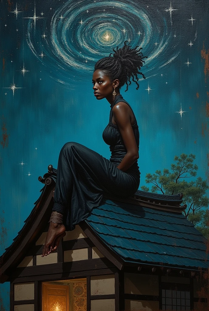 "Oil painting with impasto thick brush strokes. A beautiful black woman sitting over a roof of a japanese house at night with stars flying around its head, a full body shot, in the style of impressionism with thick paint texture and a low angle view against a dark background creating a dreamy, fantasy-like and surreal mood. A vintage oil painting"