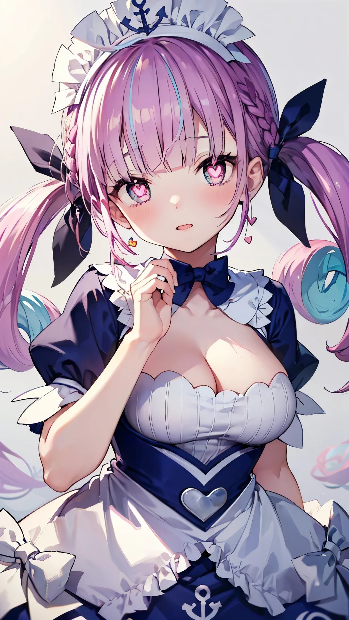 (Highest quality:1.2), (Very detailed:1.2),(masterpiece:1.2),(8k:1.2),(Blessed,Captivating body、Very beautiful eyes、Very detailed肌、Very detailed顔,Detailed Background), (heart-shaped_pupils), aaaqua, twintails, drill hair, maid headdress, cleavage, short sleeves, wrist cuffs, summer background