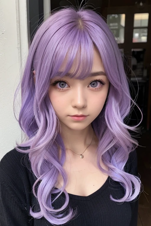 Girl with curly lilac hair, black-eyed