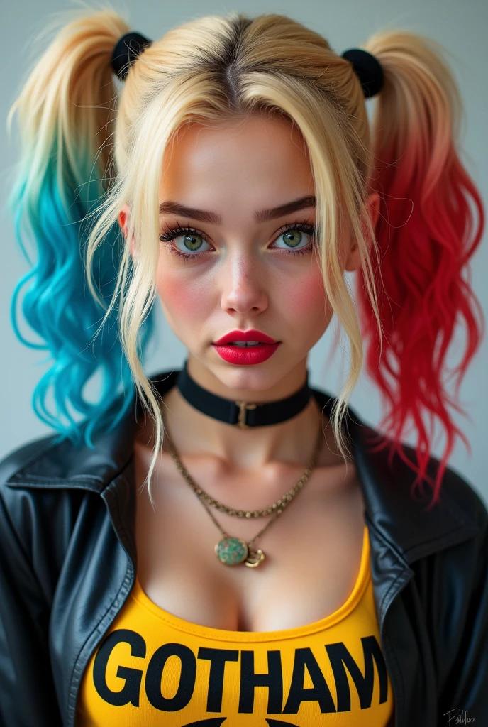 blonde girl (hair in blue and red dyed pigtails), big green eyes, big lips, with a low-cut shirt that says: i love Gotham, Billie Eilish face.