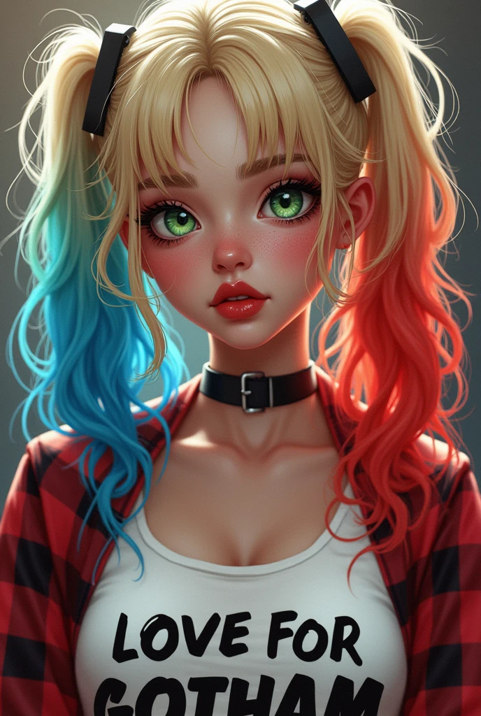 blonde girl (hair in blue and red dyed pigtails), big green eyes, big lips, with a low-cut shirt that says: i love Gotham, Billie Eilish face.