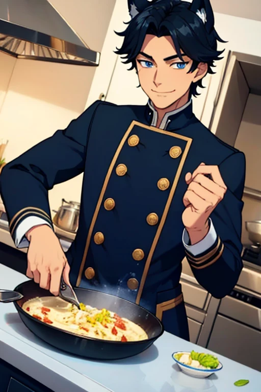 Perfect face. Perfect hands. A handsome black haired man with blue eyes and dark blue wolf ears and a dark blue wolf tail in a butler's uniform is smiling while cooking in a fancy kitchen