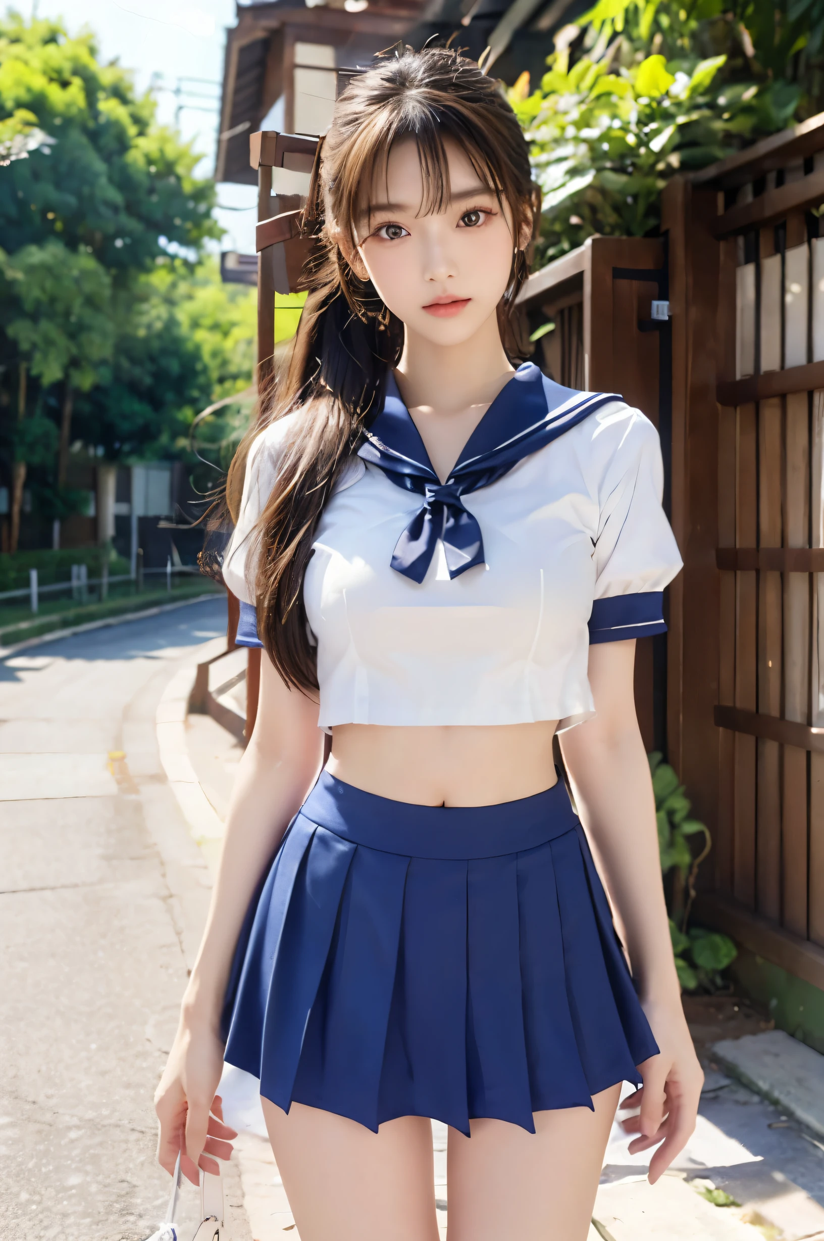 (Ultra HD), (Looking at me), (The whole body is shown), (Short-sleeved sailor uniform, Navy blue low-rise mini skirt), (Big Breasts:1.2), Super beautiful breasts, slender, Narrow waist, (Thin legs:1.2), (Thin thighs:1.2), (Thin Hips:1.4), (Beautiful Skin, Shiny skin, White skin), (Super slim face, Super beautiful face, No makeup, Smile:0.6), (ponytail, Layered Cut, Fluffy hair), (double eyelid, Slanted Eyes), (Small Nose), (Thin lips), Are standing, In front of the school gate