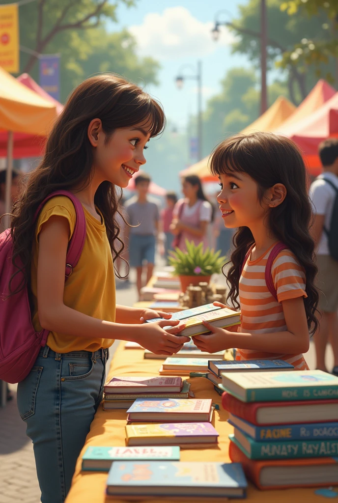 A girl donating books to a poor girl background boook fair