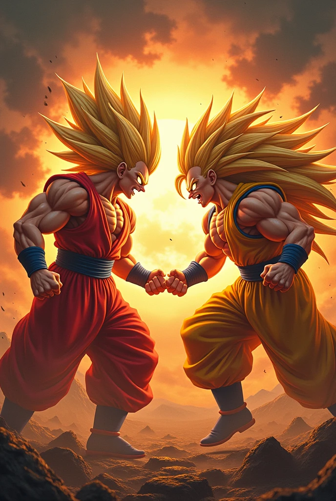 Two muscular super Saiyan punch each others fist. One fist punches other ones fist in a powerful tragic doomed environment with fire effect and sunset