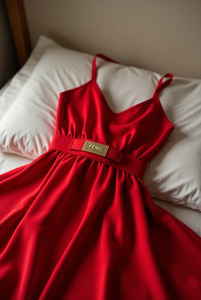Make a picture of a bed, in this simple bed, has a red dress on top, beautiful and expensive dress, your brand is fendi, make a label on it as if it had never been used, with the words fendi written on it, remember to make a realistic red fendi dress, show the tag hanging as if it was never used, remember to take a simple photo that looks like it was taken by a cell phone, any realistic photo