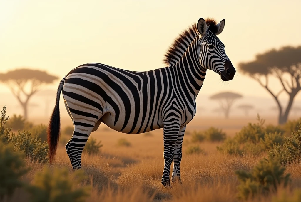 Create a captivating, hyper-realistic, AI-generated artwork of a zebra in its natural habitat. The zebra should be depicted standing or grazing in the African savanna, showcasing its striking black-and-white stripes. Capture the detailed texture of the zebra's fur and the unique pattern of its stripes, with the animal's head held high and a calm or alert expression.
The scene should reflect the expansive savanna landscape, featuring tall grasses, scattered bushes, and perhaps a few distant acacia trees. Emphasize the texture of the savanna, including the warm, earthy tones of the environment and the vibrant greens of the grasses.
Use natural, earthy colors to depict the zebra and its surroundings, highlighting the contrast between the zebra’s stripes and the savanna. The lighting should be soft and natural, conveying the warmth of the African sun and enhancing the zebra's features and the textures of its environment.
The style should be hyper-realistic yet artistic, focusing on the zebra's beauty and the vastness of its natural habitat. The final artwork should be high-resolution and visually striking, capturing the elegance and serenity of the zebra in its natural setting.