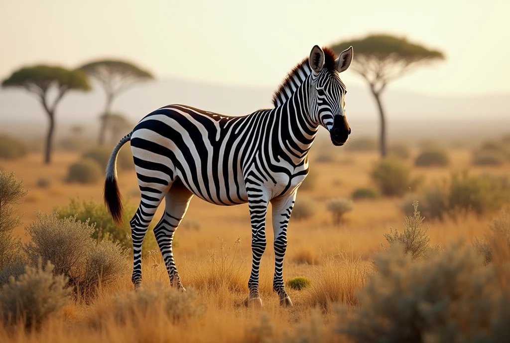 Create a captivating, hyper-realistic, AI-generated artwork of a zebra in its natural habitat. The zebra should be depicted standing or grazing in the African savanna, showcasing its striking black-and-white stripes. Capture the detailed texture of the zebra's fur and the unique pattern of its stripes, with the animal's head held high and a calm or alert expression.
The scene should reflect the expansive savanna landscape, featuring tall grasses, scattered bushes, and perhaps a few distant acacia trees. Emphasize the texture of the savanna, including the warm, earthy tones of the environment and the vibrant greens of the grasses.
Use natural, earthy colors to depict the zebra and its surroundings, highlighting the contrast between the zebra’s stripes and the savanna. The lighting should be soft and natural, conveying the warmth of the African sun and enhancing the zebra's features and the textures of its environment.
The style should be hyper-realistic yet artistic, focusing on the zebra's beauty and the vastness of its natural habitat. The final artwork should be high-resolution and visually striking, capturing the elegance and serenity of the zebra in its natural setting.
