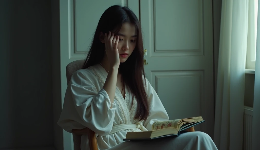 Cinematic, A young woman with long dark hair, wearing a white robe with lace trim, sitting on a chair. She is holding a children story book while rubbing her left eye. The scene is set in a dimly lit child bedroom with a closed white door in the background, creating a strong contrast of light and shadow. 