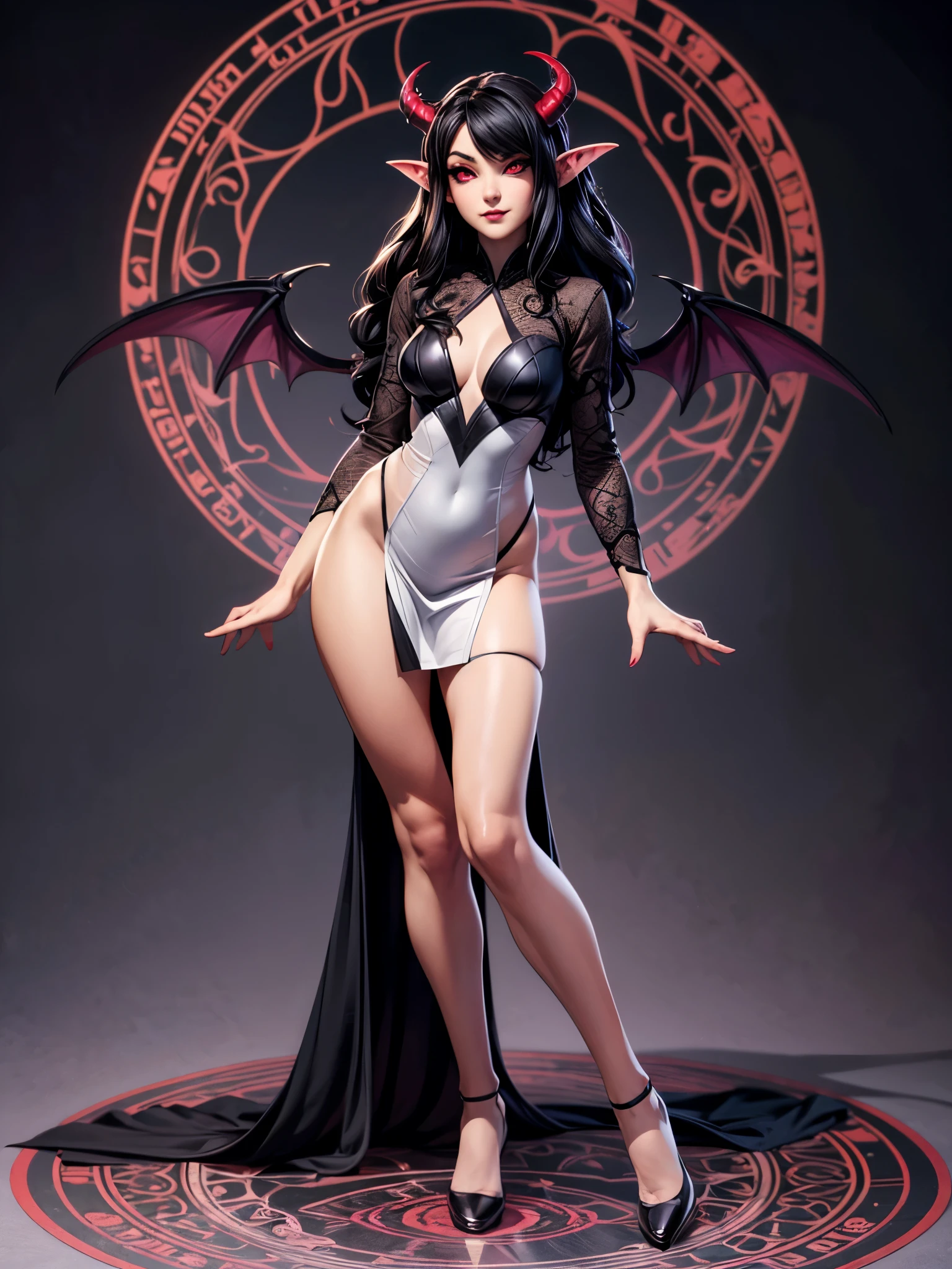 horns, fang, pointy ears, tongue out, open mouth, very long hair, red eye, black hair, best quality, succubus, girl, cheeky grin, full body shot, see-through longdress, wings, realistic style