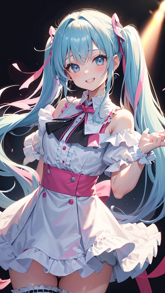 (((anime-style cute face)))、(((20-year-old woman))),(((Light blue twin tails have a lot of hair))),Highest quality, ((Sharp details)), (8k, RAW Photos, Highest quality, masterpiece), (looking at the camera),((((Cute Smile))))、Very big eyes、anatomically correct body、Big thighs、The face is bright、Professional Lighting、Cute little breasts、Put a tiny white top hat on your head、The frilly collar is pink and white、Red ribbon around the neck、The white inner shirt has cute frills、The black and blue leather jacket is fitted and open at the chest.、The flowy pleated mini skirt is lime green and black with separate, vibrant ruffles.、Shiny vertical striped knee-high socks in black and pink、Shiny white leather gloves、Shiny leather wristband in black、On the stage of the concert venue、Spotlights from all sides、Healthy female body、Erotic dance