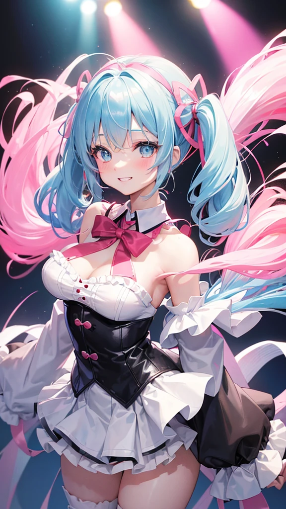 (((anime-style cute face)))、(((20-year-old woman))),(((Light blue twin tails have a lot of hair))),Highest quality, ((Sharp details)), (8k, RAW Photos, Highest quality, masterpiece), (looking at the camera),((((Cute Smile))))、Very big eyes、anatomically correct body、Big thighs、The face is bright、Professional Lighting、Cute little breasts、Put a tiny white top hat on your head、The frilly collar is pink and white、Red ribbon around the neck、The white inner shirt has cute frills、The black and blue leather jacket is fitted and open at the chest.、The flowy pleated mini skirt is lime green and black with separate, vibrant ruffles.、Shiny vertical striped knee-high socks in black and pink、Shiny white leather gloves、Shiny leather wristband in black、On the stage of the concert venue、Spotlights from all sides、Healthy female body、Erotic dance