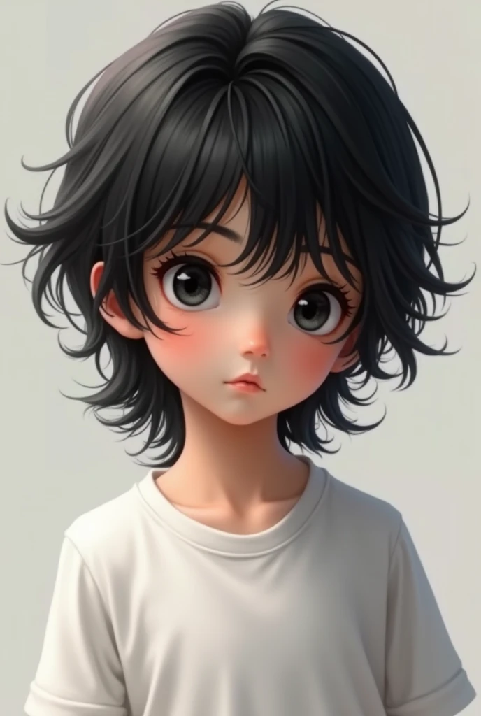Boy with long black hair and black eyes in a white t-shirt