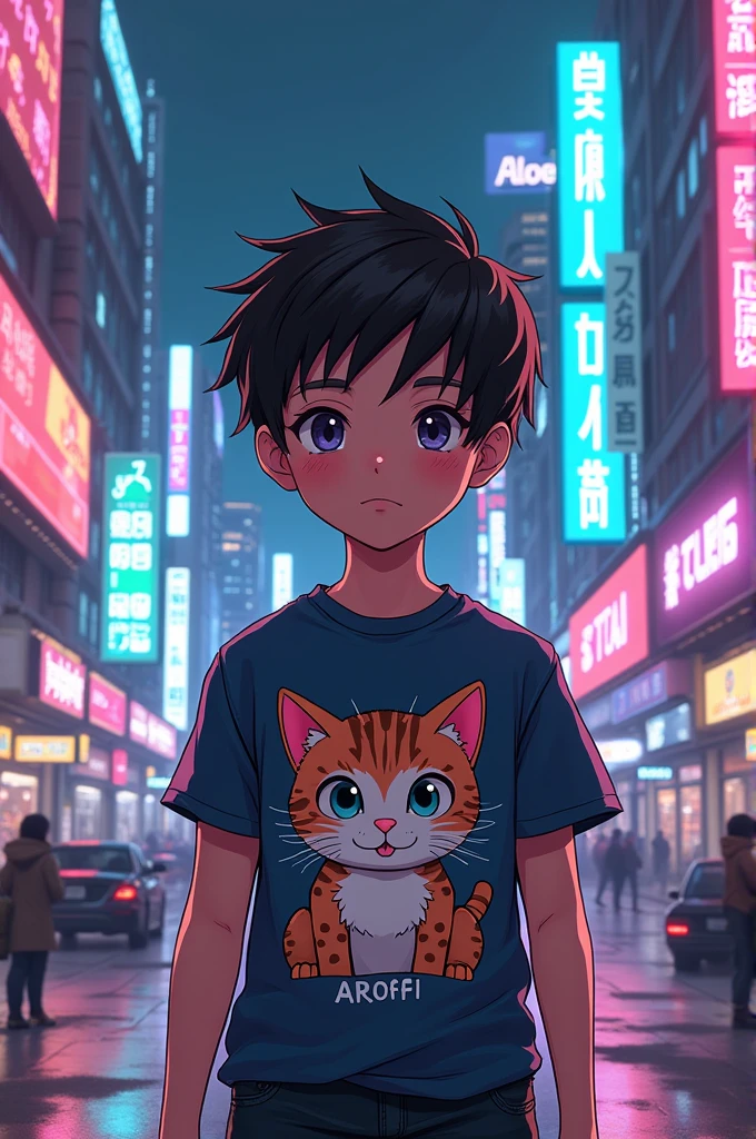 Cyberpunk style animated boy name AROFFI on his t-shirt of a cat 