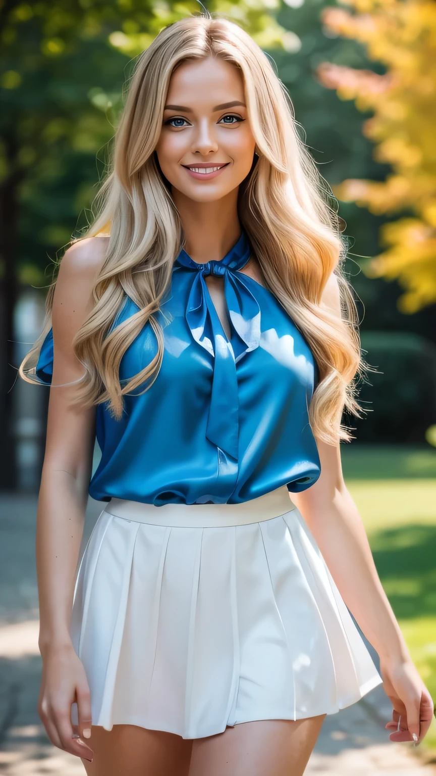 Realistic full body photo of a smiling, Young blonde woman with long hair, She dances in front of the camera in a blue silk blouse with a white skirt..., Park,glamour fotoshooting, Park, perfect anatomy, perfect blue eyes. Perfect hands with 5 fingers on each hand, Matching girl, look into the camera, 1 Frau. (Eye make up:1.1), (highly detailed skin:1.1), spirit, analog style, keen focus, 8K UHD, dslr, good quality, Fujifilm XT3, Grain, Award-winning, masterpiece. Park