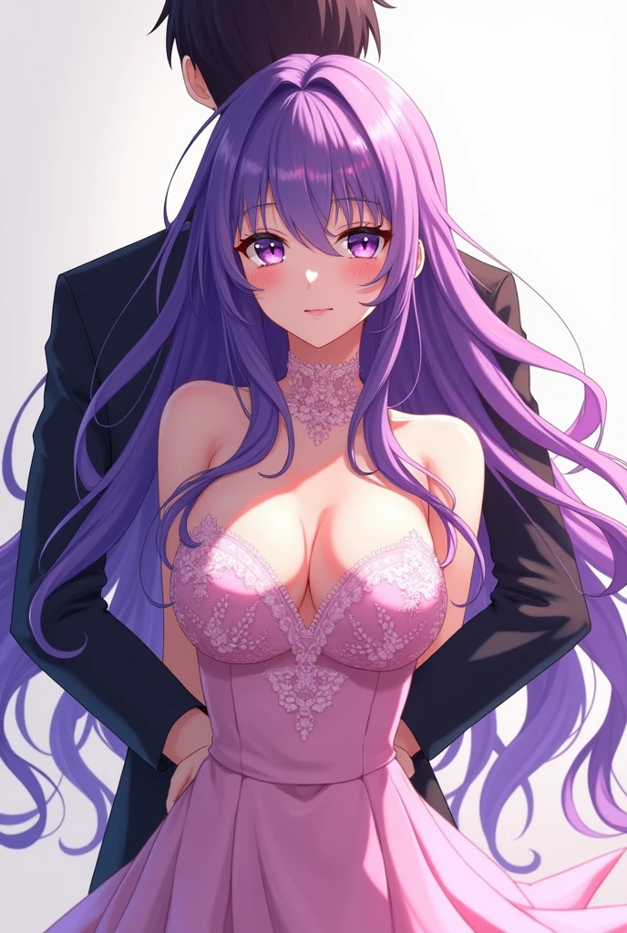 A anime character.65 Purple Wavy Hair, purples eyes, and pink bequine , with a very beautiful body , with a masculine boy behind holding her arms behind her back