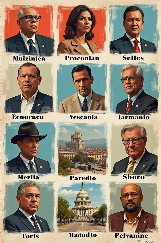 Create 10 images about populist governments in Latin America and paste those 10 images on a letter-sized sheet of paper, each with its respective name in Spanish.