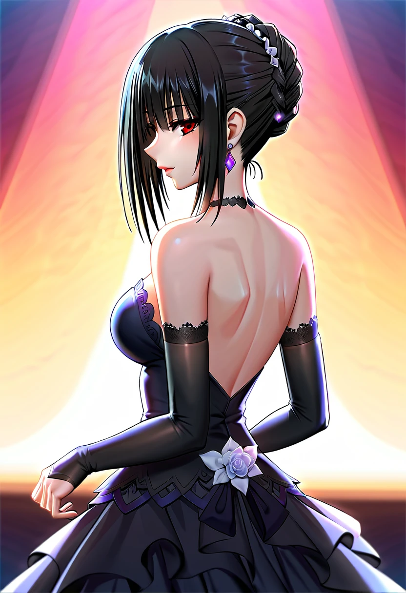 tokisaki kurumi,((masterpiece)),(((best quality))),((ultra-detailed)),((illustration)),((disheveled hair)),((frills)),(1 girl),(solo),Wavy hair secretary,solitary,Exquisite eyes,Fine black hair,( Smooth skin:1.2)( Wear a gorgeous and sparkling evening gown:1.2), Slender body proportions,Back,Gorgeous room,backless outfit,back focus,from behind,Simple background, Blurred Background, Glossy background,long hair,Hairstyle,upper body,