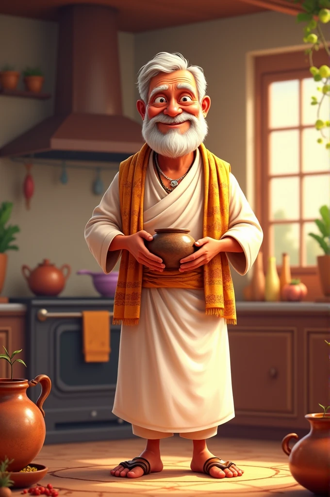 Animated grandpa in kitchen with karandi in Veshti Sattai 
