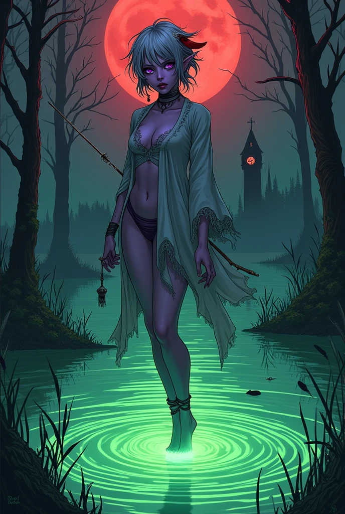 (Ultra-fine face, Look away, Gothic fantasy illustration, Ukiyo-e, Comic Art, Rich colors),
rest
(A female dark elf witch floats in the center of concentric glowing ripples drawn on green water, A miasma-filled swamp, Holding a small willow fishing rod,Casting the fishing line into the swamp.),
rest
(It's a swamp,The phosphorescence on the water glows green at midnight, Waterweed grows in the area, In the distance you can see the outline of a clock tower., Illuminated by the red moon.),
rest
(dark spirit: A young female dark elf witch with long hair, Messy silver hair, Bangs, Deep purple skin, and lilac eyes.),
rest
(dark spirit: A female dark elf witch wearing a red bird feather hair accessory and earrings, and brief, Grey Linen Robe with Lace. She wore ribbons tied around her bare ankles.)