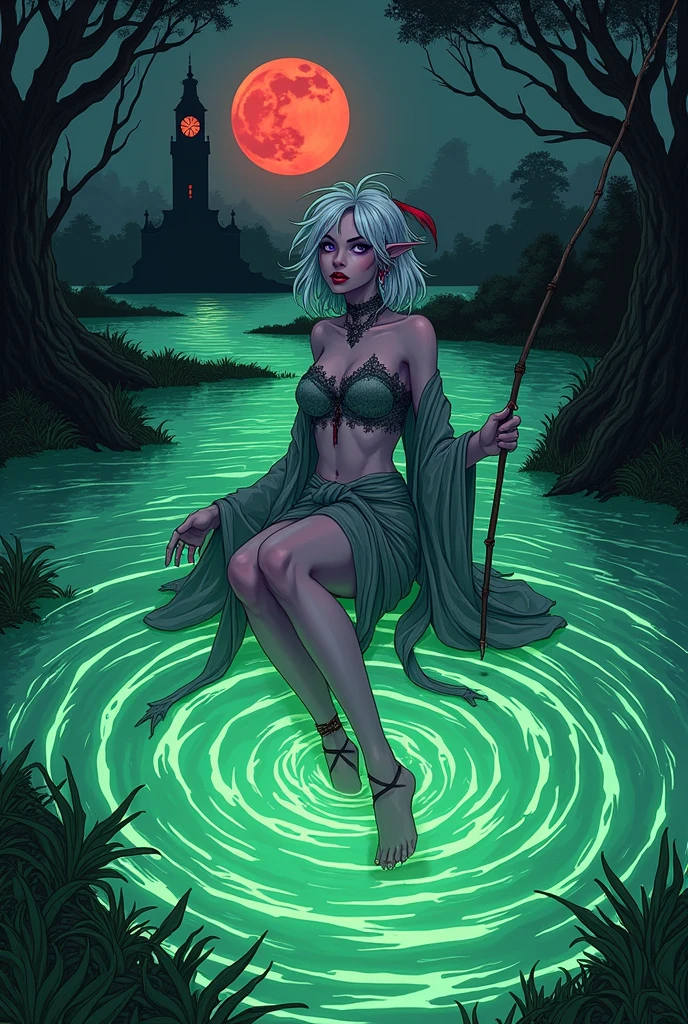 (Ultra-fine face, Look away, Gothic fantasy illustration, Ukiyo-e, Comic Art, Rich colors), 
rest 
(A female dark elf witch floats in the center of concentric glowing ripples drawn on green water, A miasma-filled swamp, Holding a small willow fishing rod，Casting the fishing line into the swamp.), 
rest 
(It&#39;s a swamp，The phosphorescence on the water glows green at midnight, Waterweed grows in the area, In the distance you can see the outline of a clock tower., Illuminated by the red moon.), 
rest 
(dark spirit: A young female dark elf witch with long hair, Messy silver hair, Bangs, Deep purple skin, and lilac eyes.), 
rest 
(dark spirit: A female dark elf witch wearing a red bird feather hair accessory and earrings, and brief, Grey Linen Robe with Lace. She wore ribbons tied around her bare ankles.)