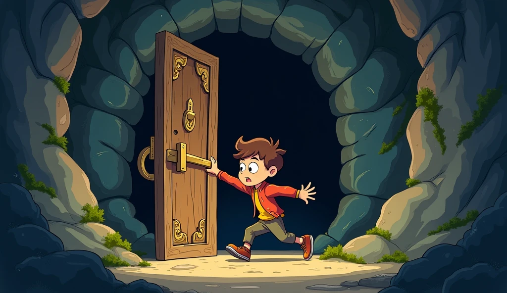 Taller boy in cave he found difficult doors for open cartoon
