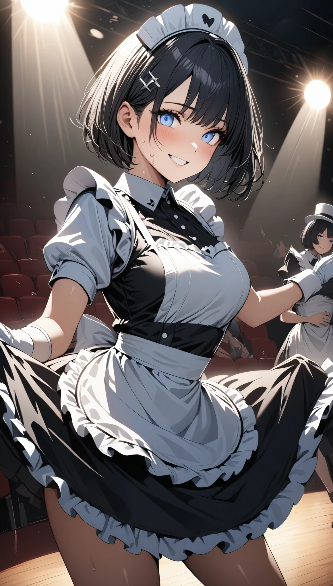 ((best quality)), ((masterpiece)), (detailed), perfect detailed eyes, perfect detailed face, black hair, bob cut, hairpin, maid, maid costume, Tap dancing on a theater stage, in the spotlight, (Wear a top hat and white gloves), Shining sweat, smiling face