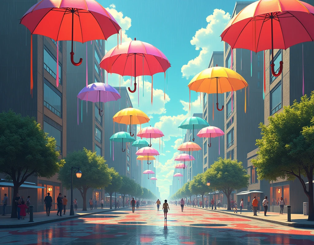 In a surreal city, The buildings are huge open umbrellas. The rain falls from the sky, but instead of water, They are drops of vibrant colors that fill the streets.