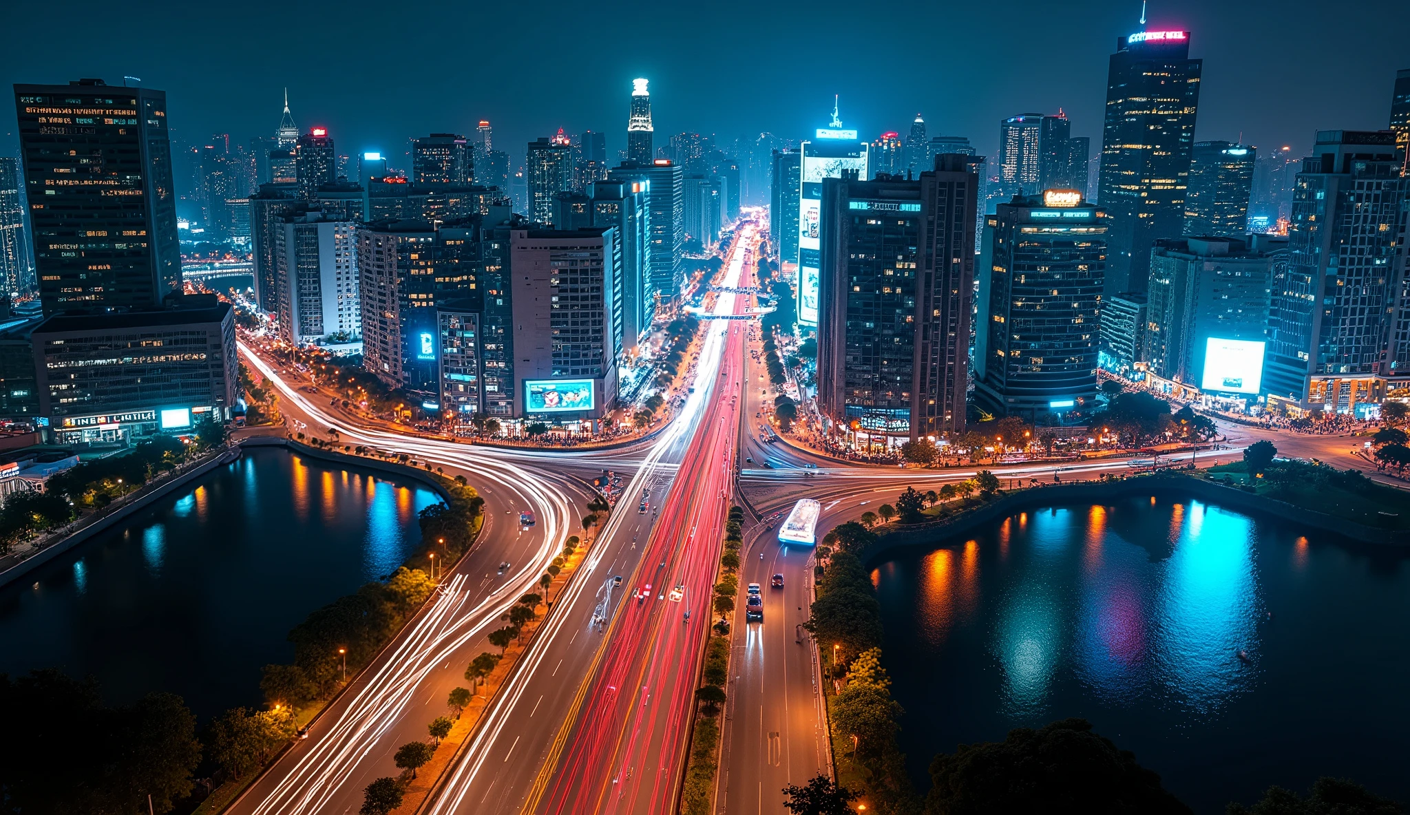 From a drone perspective、Create night city images with low shutter speeds。 