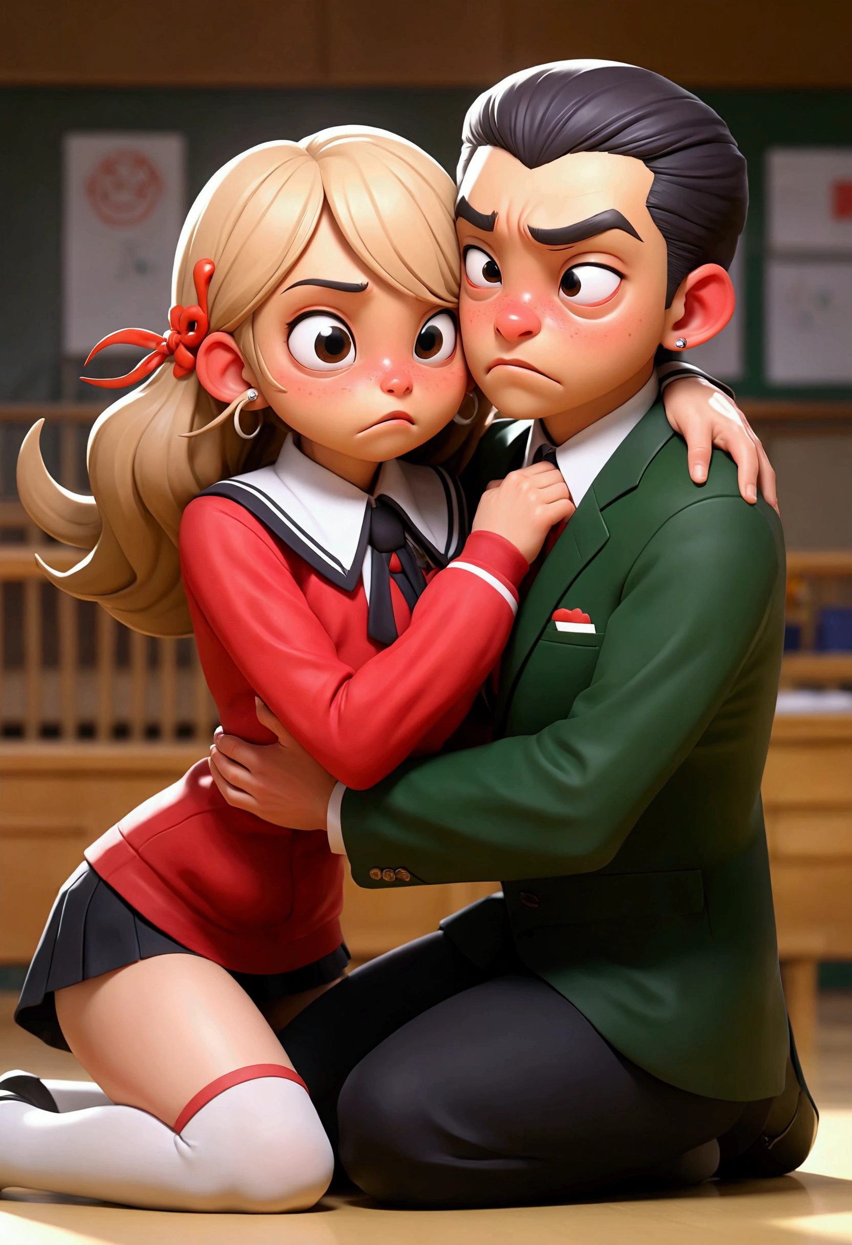 masutepiece, Best Quality, hight resolution, 1girl in,(a 1 girl), 1boy, (40-year-old physical education teacher), (a couple, hetero:1.3), Inside the gymnasium、Spread legs, Sit on the vault box、hi-school girl、Uniforms、(shame, blush, Crying, tearful, AHE Face、Opening Mouth、put out the tongue), (Stand and spread your legs:1.1、Crab crotch、tiptoeing)、(Someone else's hand grabbed the girl's panties), (Girl is being held by a man: 0.3),Grab from behind、Chest grabbing、