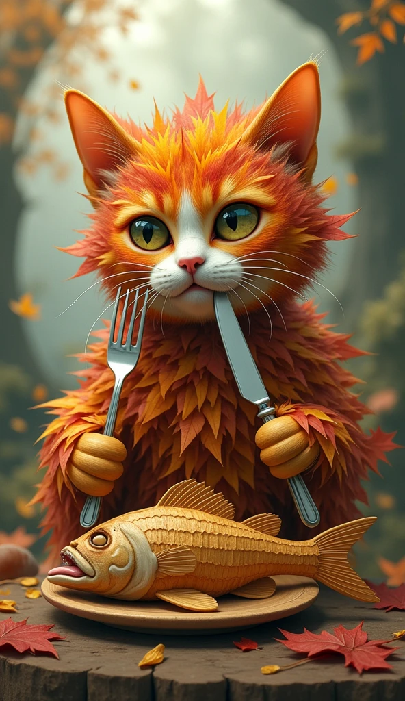 surreal scene, cat made of colorful leaves eats wooden fish using cutlery