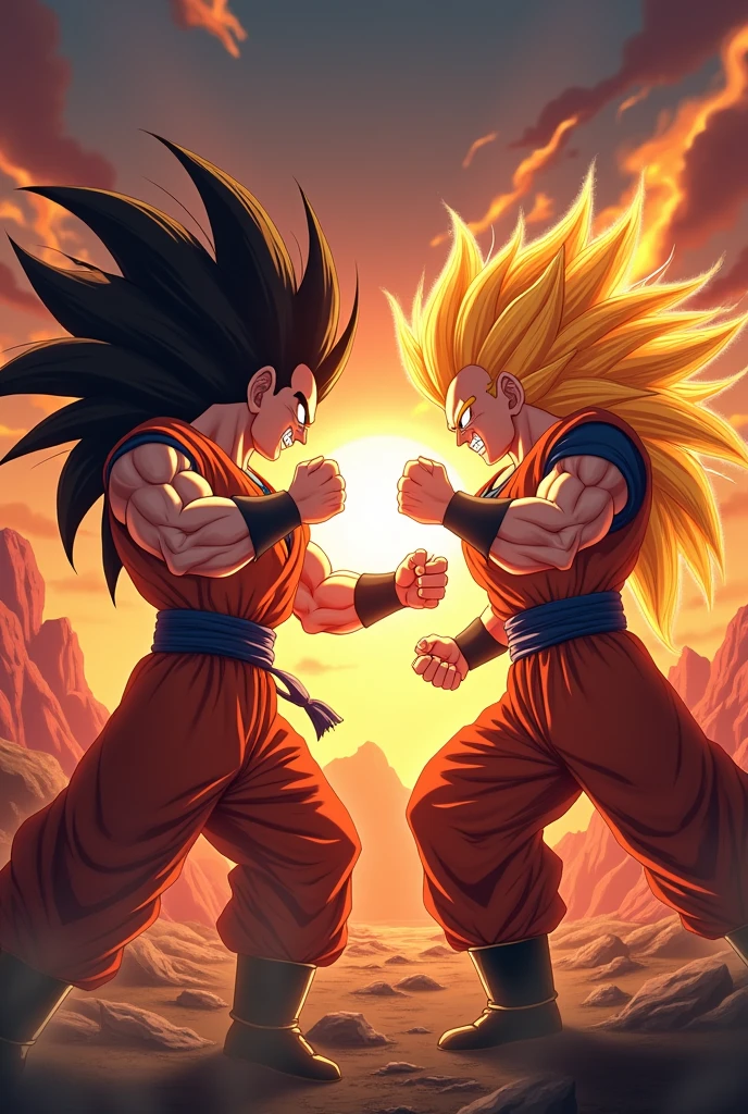 Two muscular super Saiyan punch each others fist. One fist punches other ones fist in a powerful tragic doomed environment with fire effect and sunset. Both of them punches