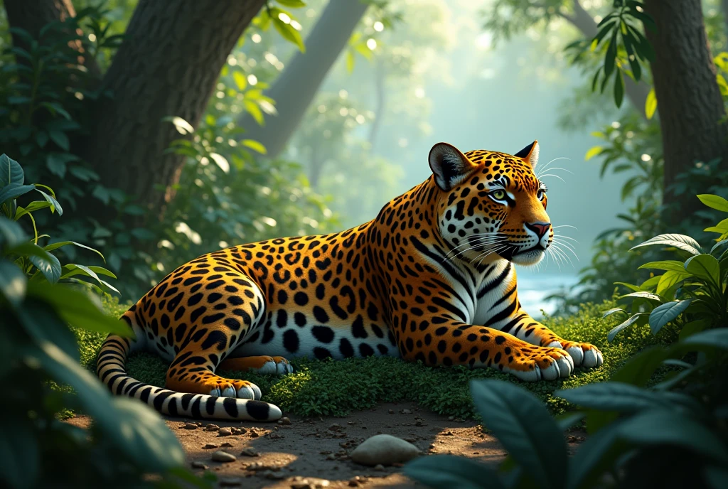 Create a captivating, hyper-realistic, AI-generated artwork of a jaguar in its natural habitat in the Amazon rainforest. The jaguar should be depicted resting or moving stealthily among the dense foliage, showcasing its distinctive rosette-patterned coat. Capture the detailed texture of the jaguar's fur and the powerful, muscular form of the animal.
The scene should reflect the lush and vibrant Amazon rainforest, with thick vegetation, towering trees, and a variety of undergrowth. Include elements such as the dappled sunlight filtering through the canopy, the rich, dark greens of the foliage, and perhaps a glimpse of a winding river or a waterhole.
Use natural, vibrant colors to depict the jaguar and its environment, highlighting the contrast between the jaguar’s coat and the dense greenery of the rainforest. The lighting should be soft and natural, emphasizing the play of light and shadow among the leaves and enhancing the jaguar's features.
The style should be hyper-realistic yet artistic, focusing on the jaguar's majesty and the richness of the Amazon rainforest. The final artwork should be high-resolution and visually striking, capturing the grace and power of the jaguar in its wild, natural setting.